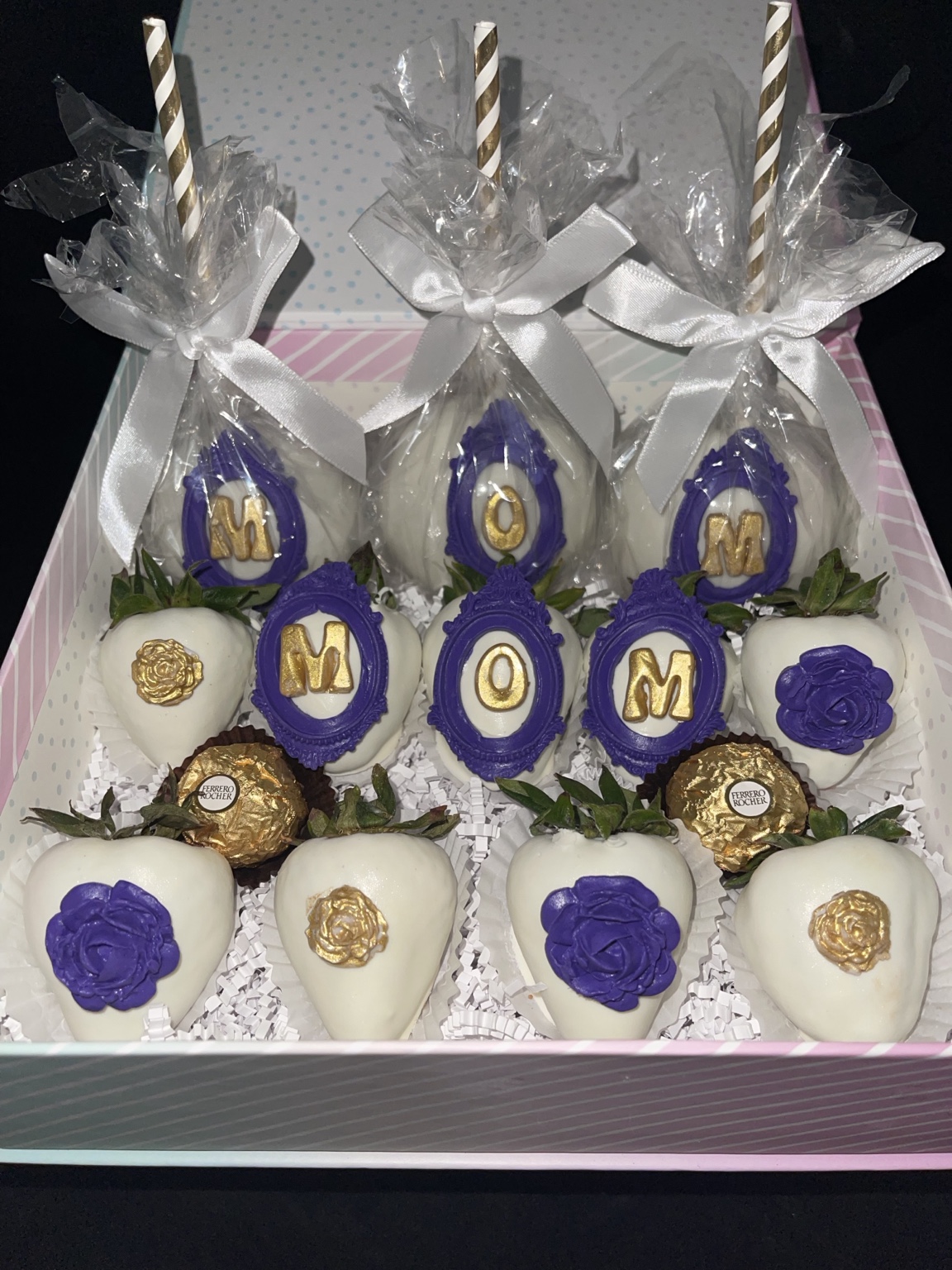 Luxury purple, white and gold chocolate-covered strawberries