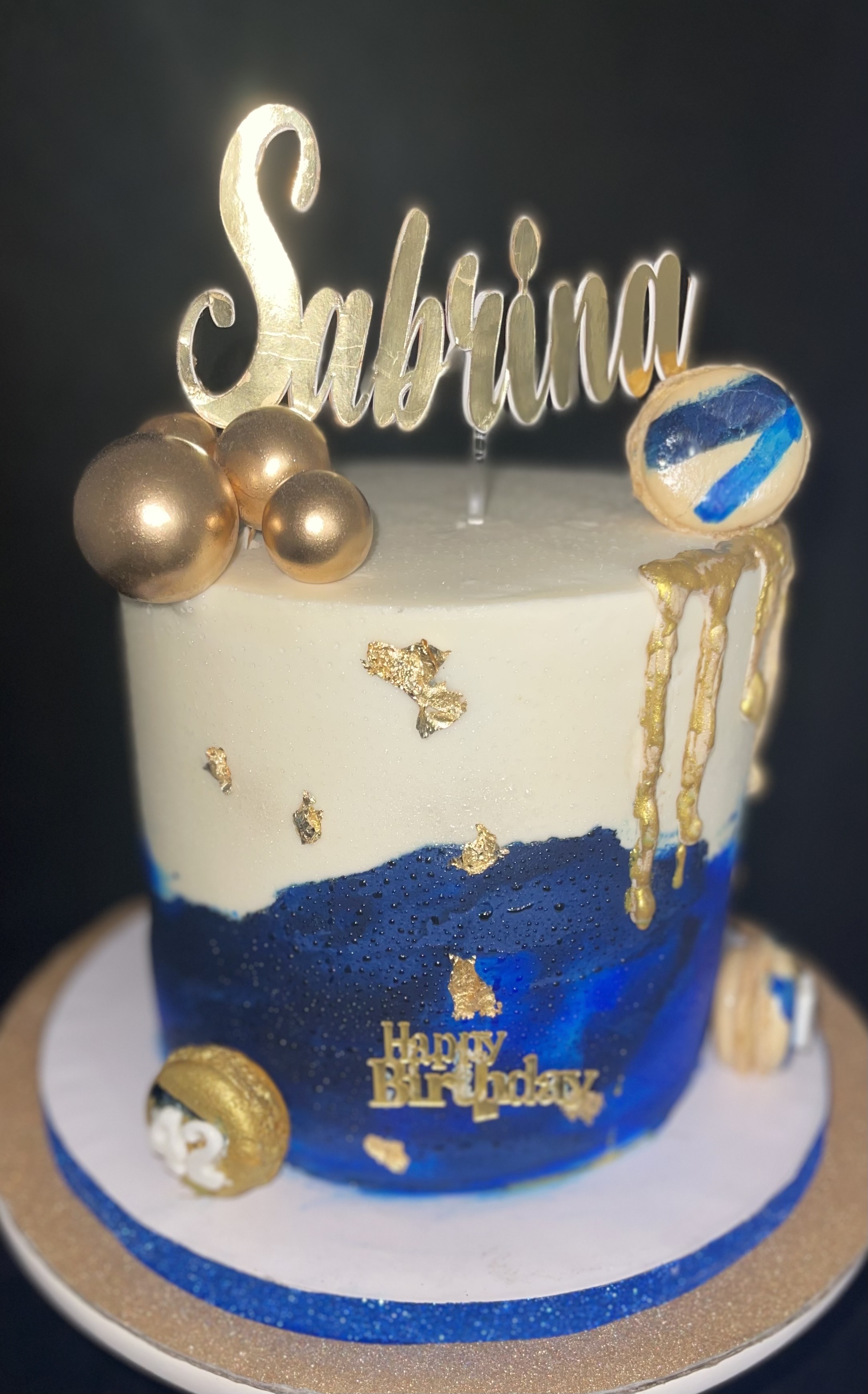 Blue ombre and gold custom birthday cake